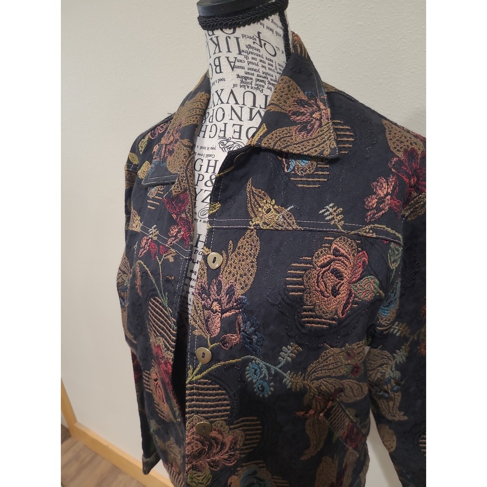 Vtg. Norm Thompson boho black textured floral jean style jacket Women SZ S - Picture 2 of 11